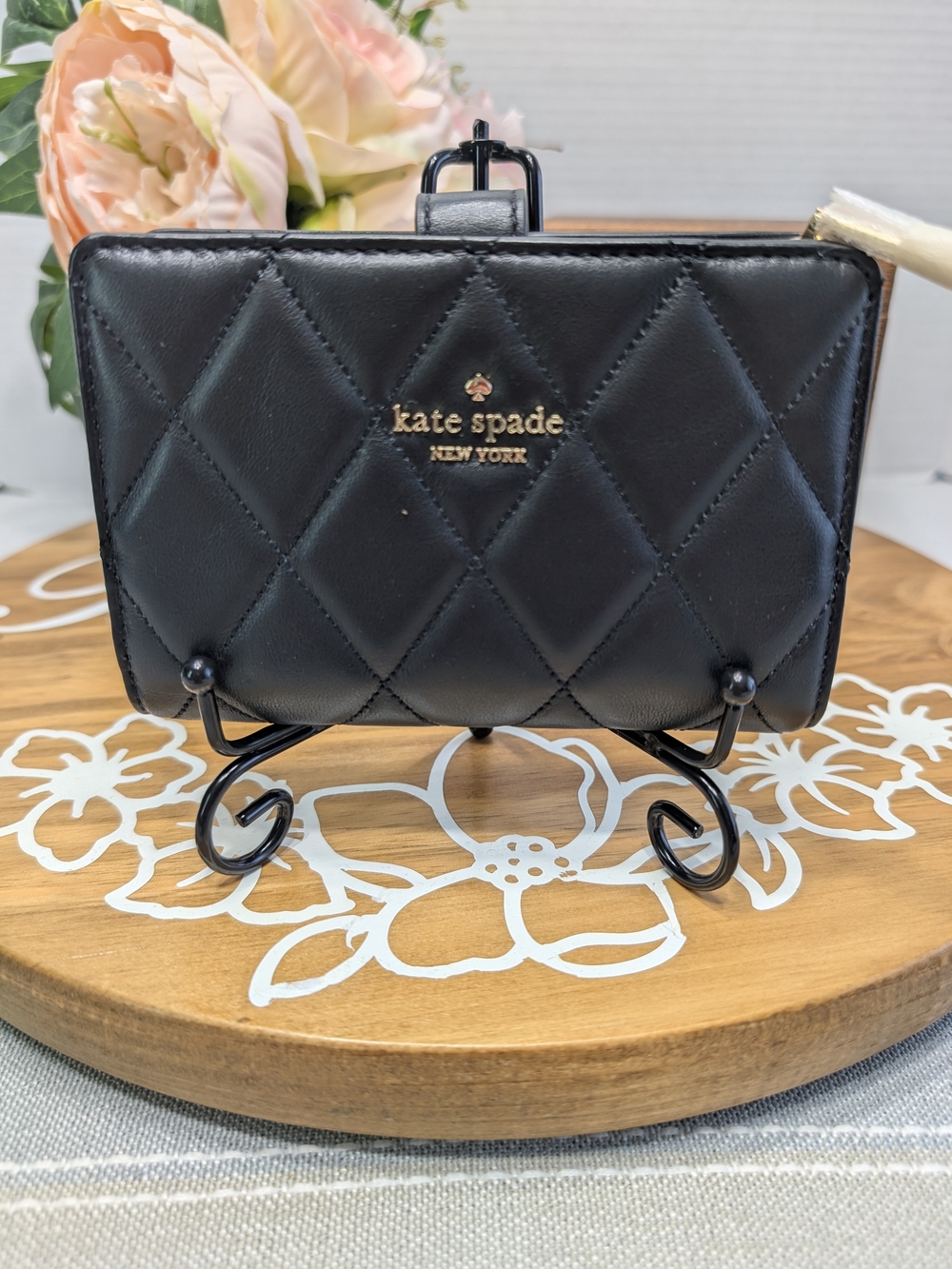 kate spade NY Black Quilted Leather Card Holder with Gold Logo